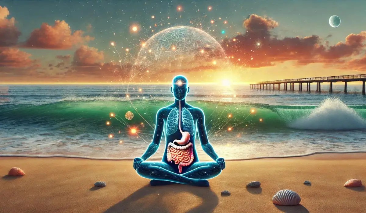 Illustration of a person practicing breathwork on a beach, symbolizing the gut-brain connection and stress management.