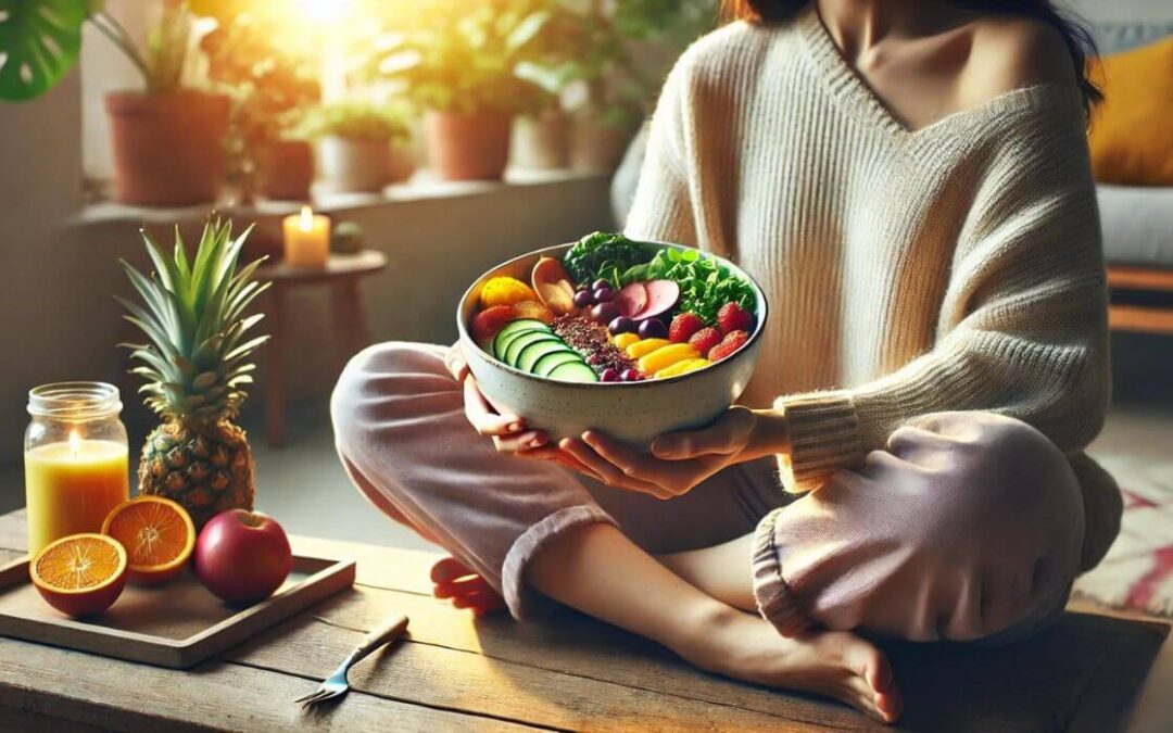 A person sitting in a relaxed environment, enjoying a bowl of colorful plant-based food, promoting better gut health and digestion.