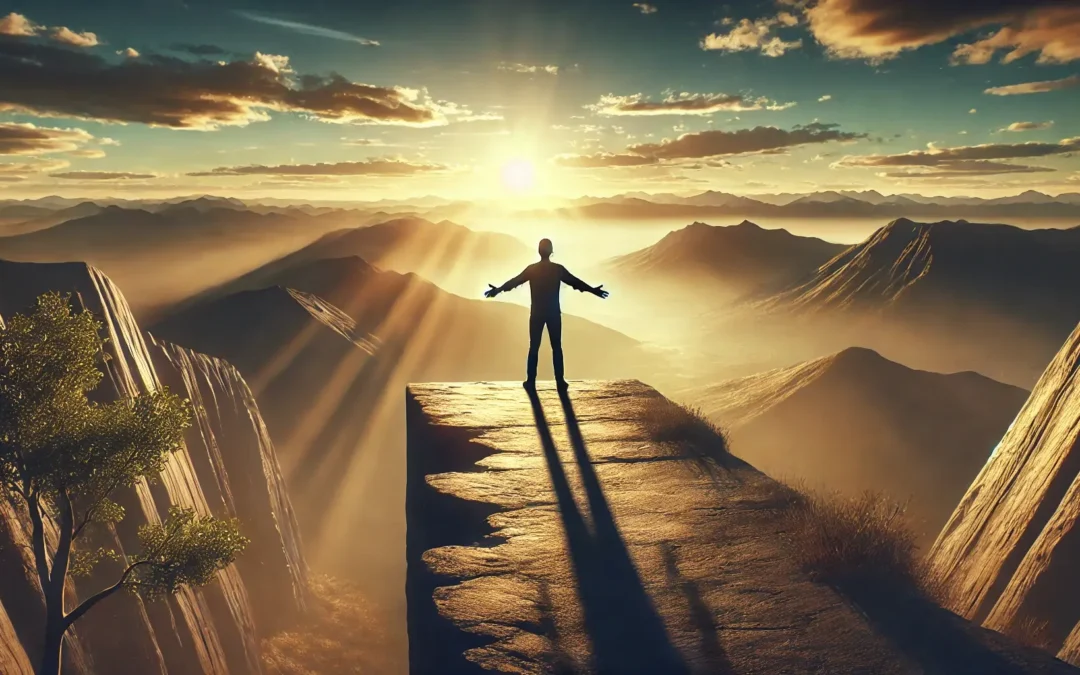 Person standing on a cliff at sunrise, symbolising reclaiming power over stress and improving digestive health.