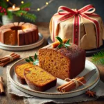 A sliced Christmas Spiced Stem Ginger Cake on a decorative plate, showing moist golden slices with candied ginger pieces, set against a festive background with a whole wrapped cake in greaseproof paper and holiday decorations.