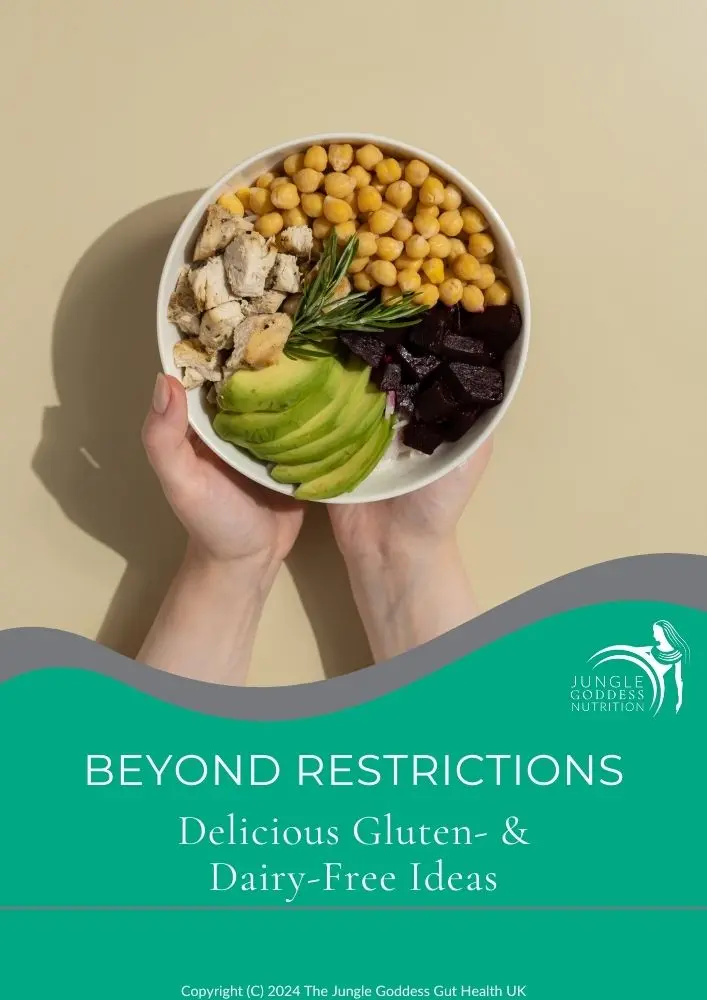 Cover page of ebook with hands holding a bowl of chickpeas, avocado, beetroot and chicken.