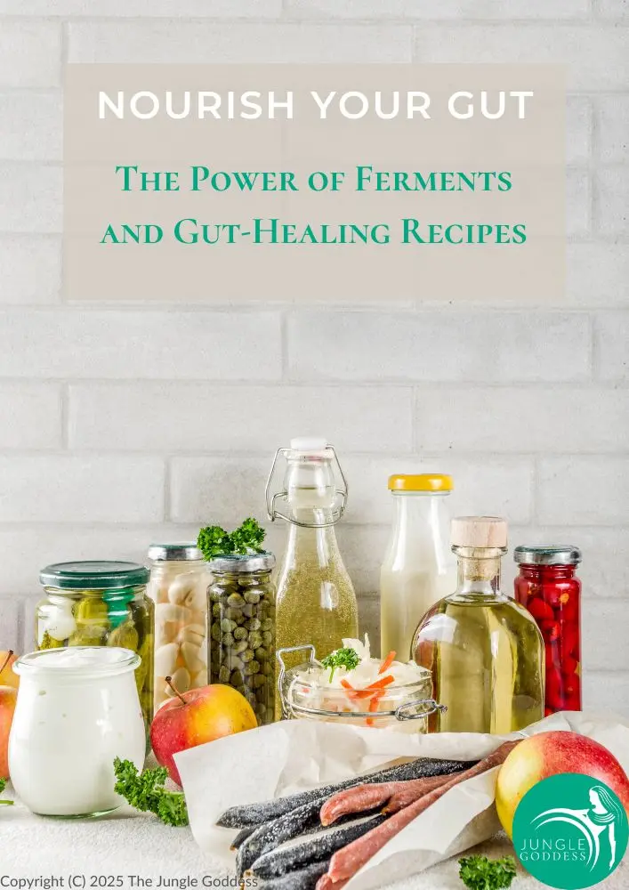 Cover page of ebook with various different types of ferments and gut-friendly foods