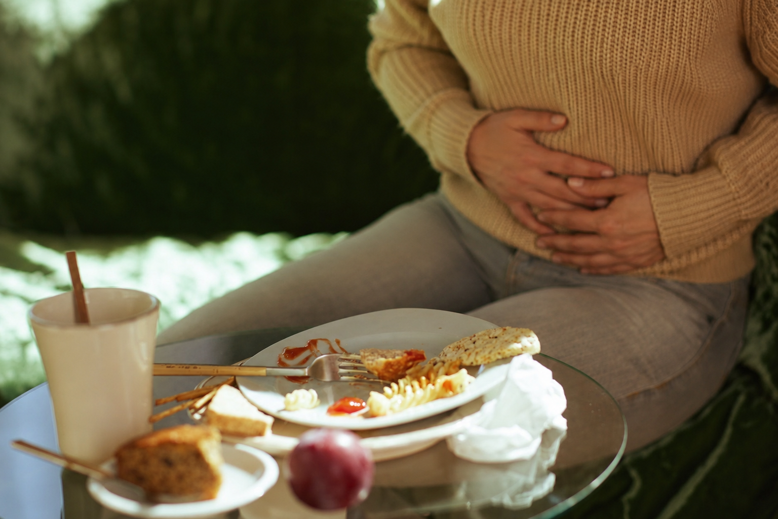800x800 Woman sitting at table with hands over stomach next to half eaten meal